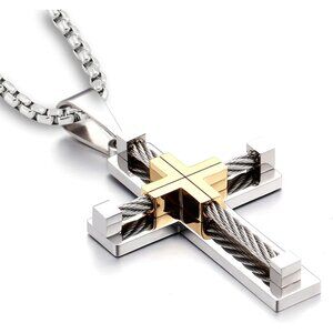 Men's 2.01 Inches Stainless Steel Cross Jesus Christ Rolo Chain Necklace